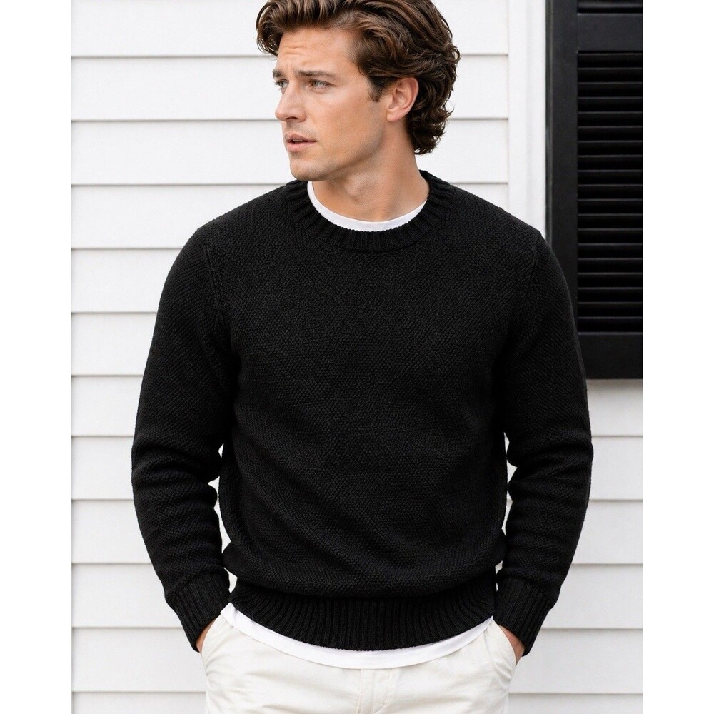 J Crew Mens XXL Black Premium Basket-stitch‎ Cotton Crewneck Sweater